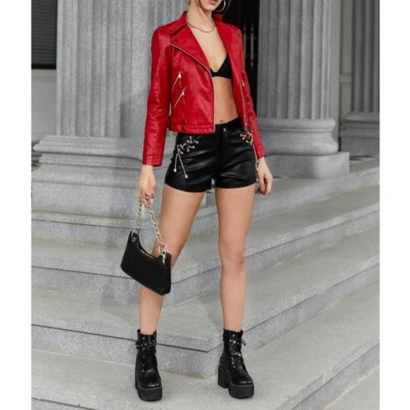 Zip up vegan Leather Moto Jacket Red - Picture 5 of 6
